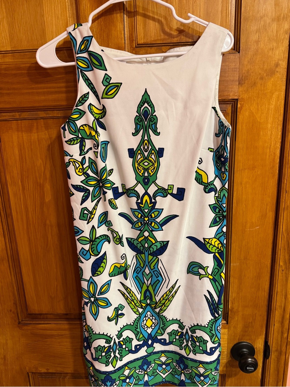 Kim Rogers White Shift Dress with Blue & Green Print